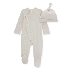 Burt's Bees Organic Baby Micro Stripe Jumpsuit & Knot Top Hat Set Fossil