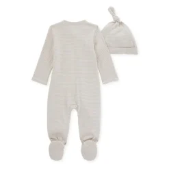 Burt's Bees Organic Baby Micro Stripe Jumpsuit & Knot Top Hat Set Fossil